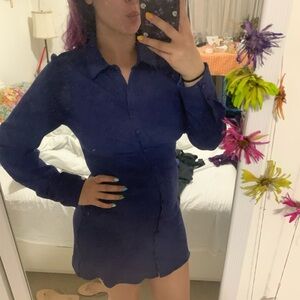 Forever 21 Blue Long Sleeve Ruched Collar Shirt Dress